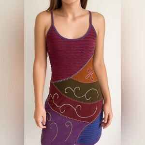 India Boutique Boho Patchwork Mini Dress Purple Multicolor Embroidered Free Size